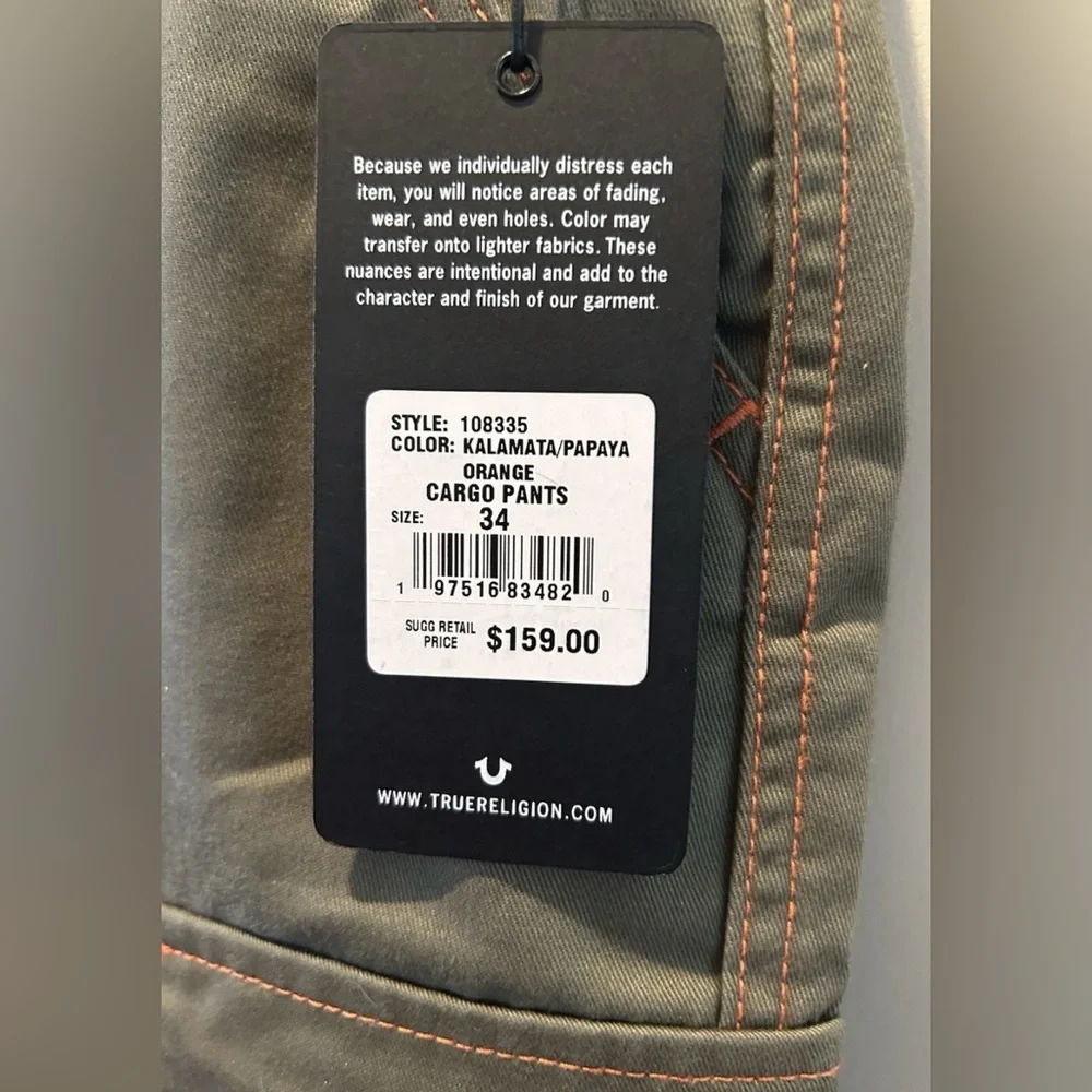 True Religion Men's Kalamata Green Cargo Pants 108335 Size 34 NWT
